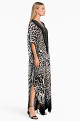 Brown Animal Print Convertible Silk Kaftan Maxi Dress