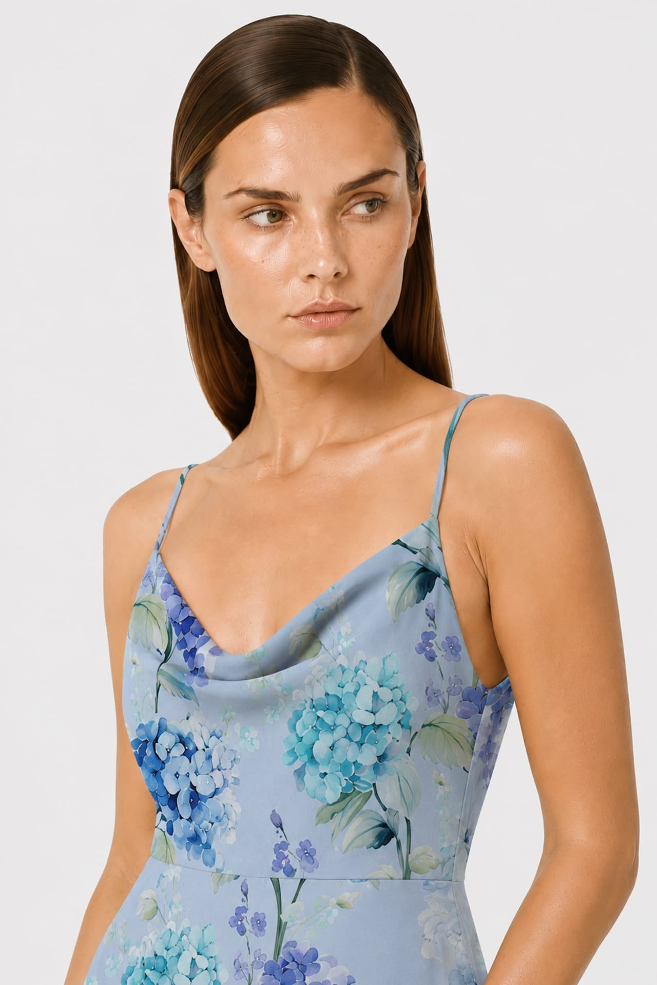 Sky Blue Floral Cowl Neck Formal Gown