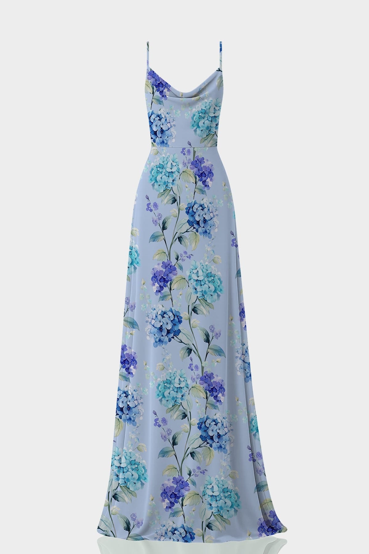 Sky Blue Floral Cowl Neck Formal Gown