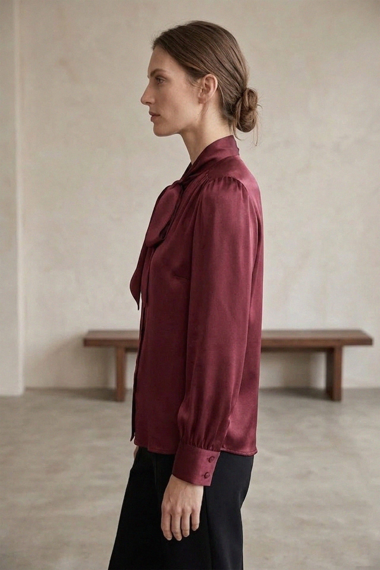 Burgundy Satin Scarf Tie-Neck Blouse