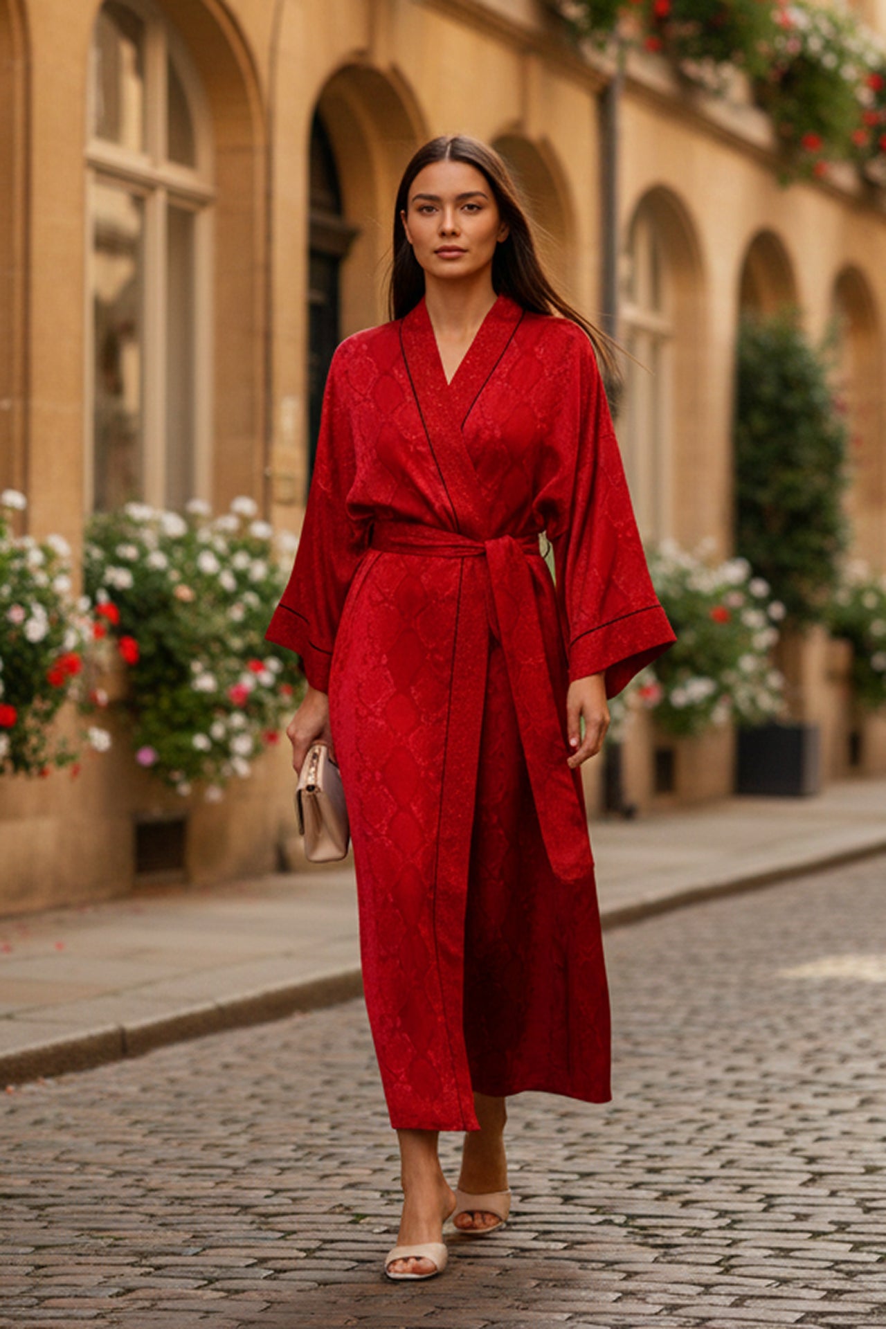Cupro Kimono Solid Blood Stone Robe in Midi Length