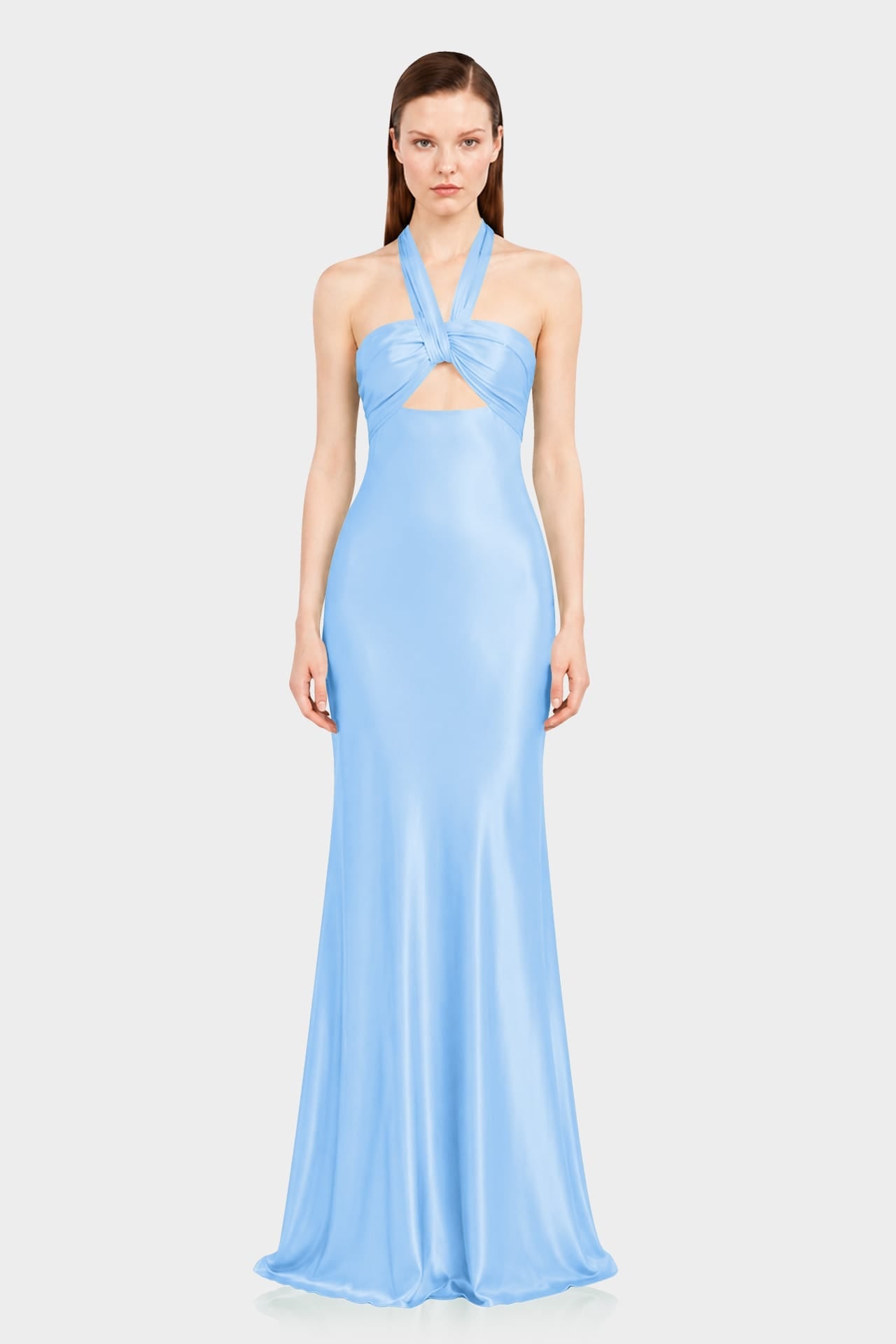 Luxury Sky Blue Satin Bridesmaid Maxi Dress with Twist Halter Neckline