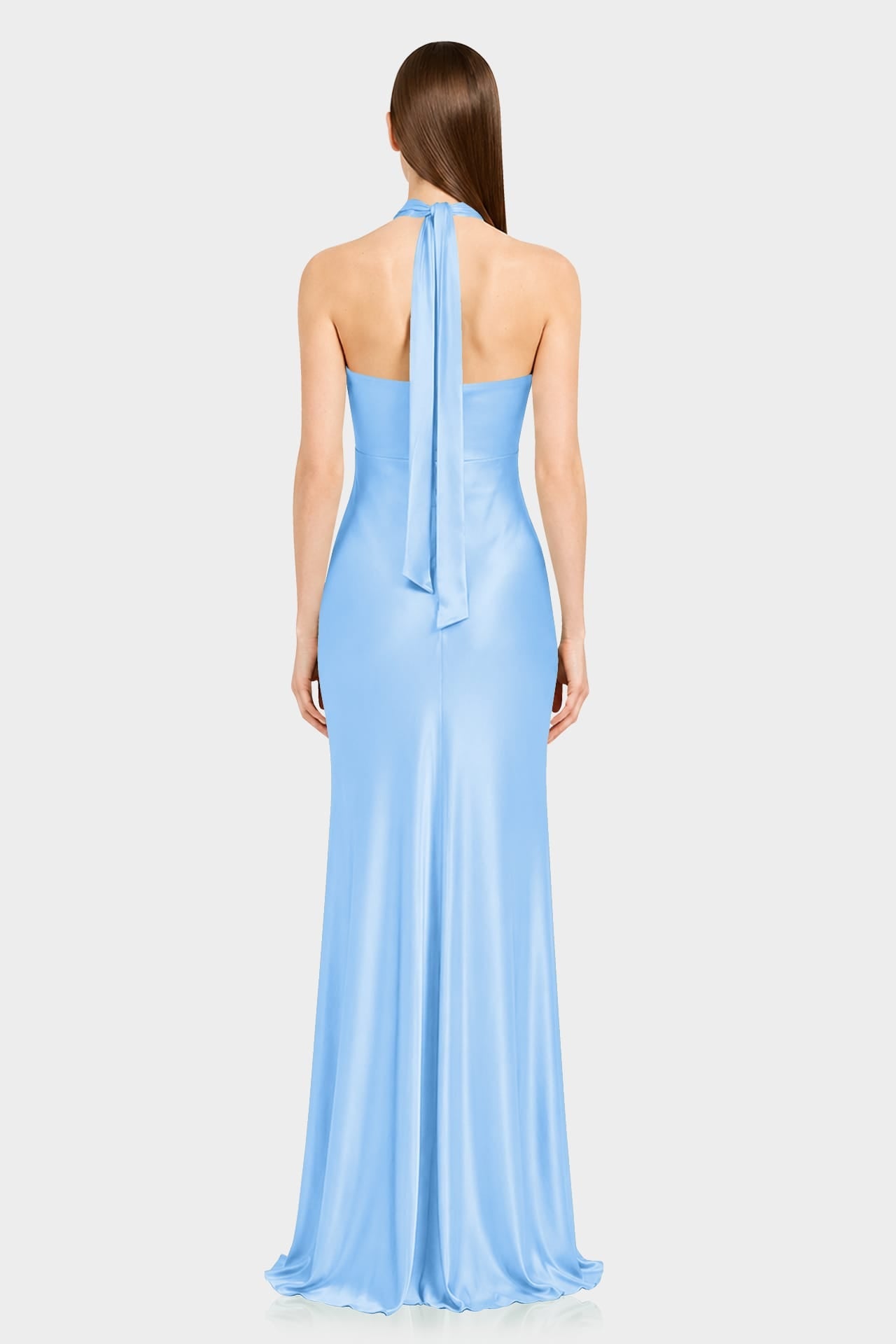 Luxury Sky Blue Satin Bridesmaid Maxi Dress with Twist Halter Neckline