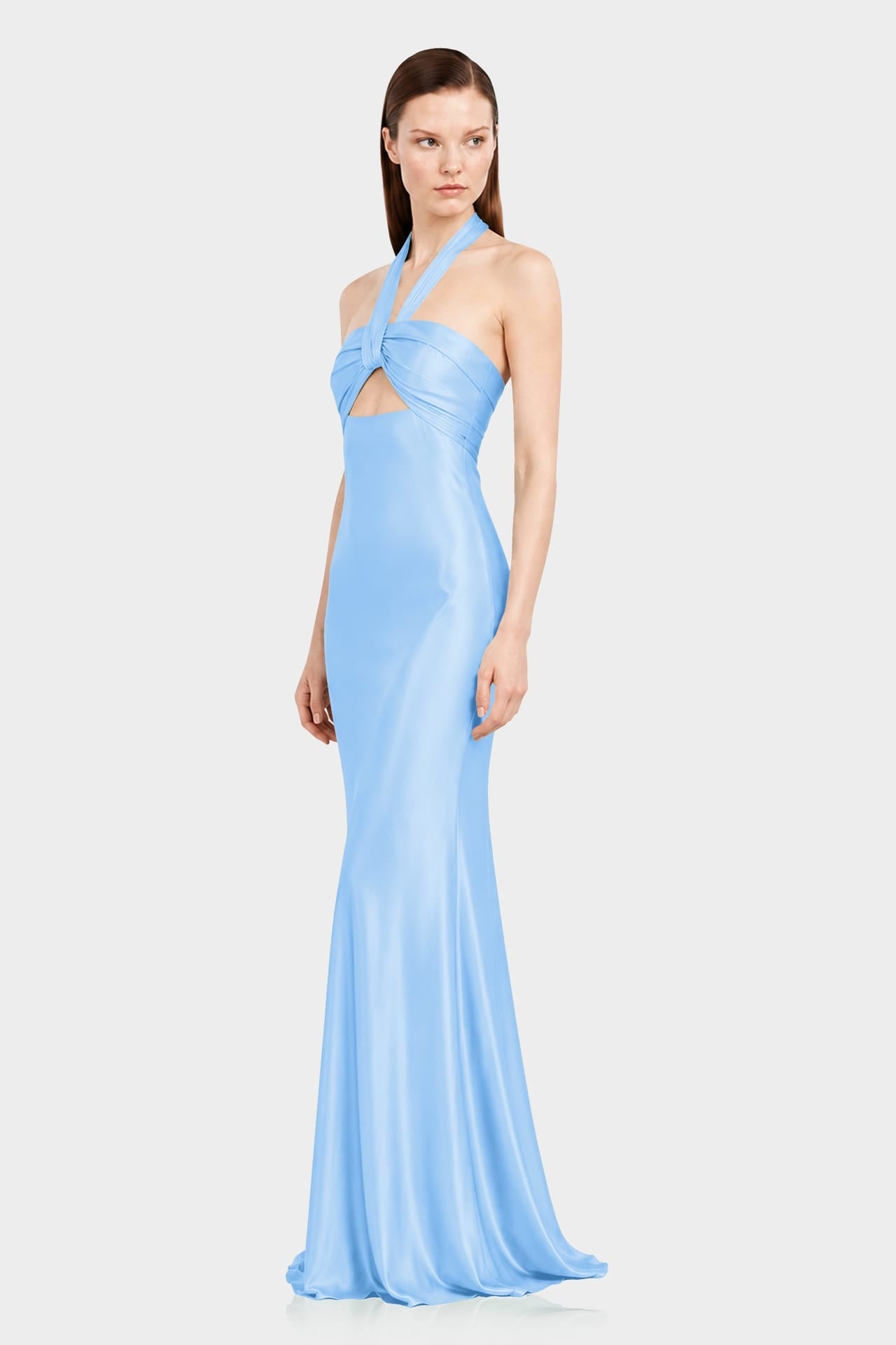 Luxury Sky Blue Satin Bridesmaid Maxi Dress with Twist Halter Neckline