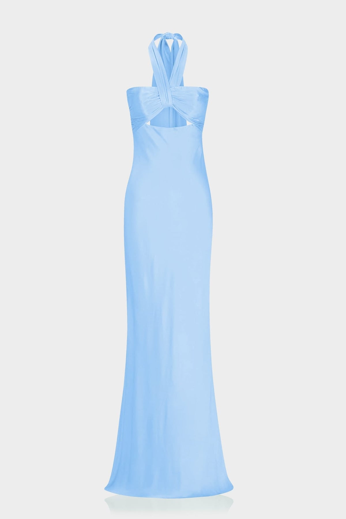 Luxury Sky Blue Satin Bridesmaid Maxi Dress with Twist Halter Neckline