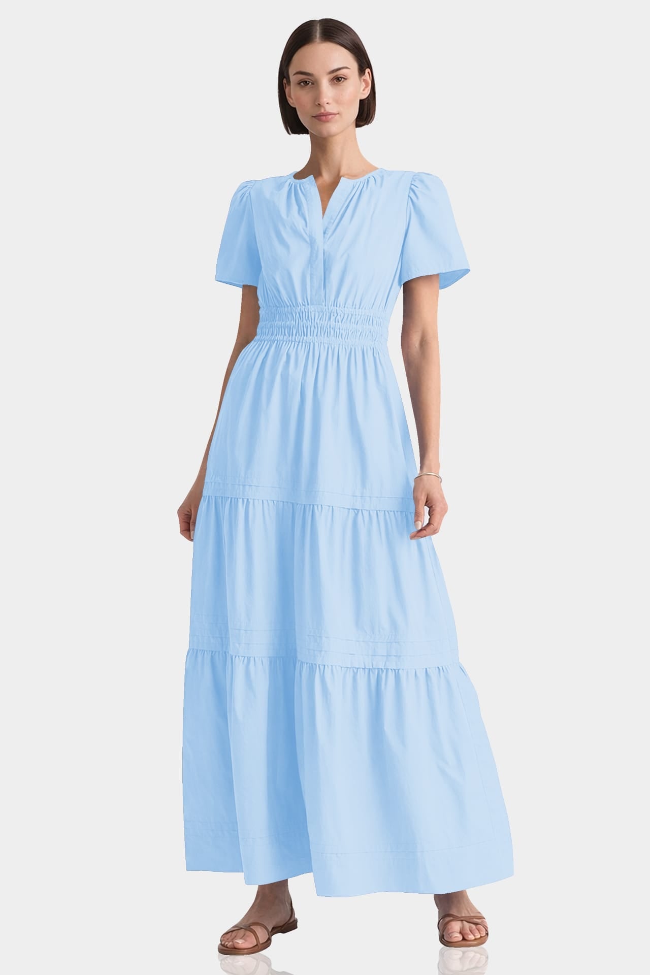 Sky Blue Smocked Waist Cotton Dress – Cotton Resort Wear