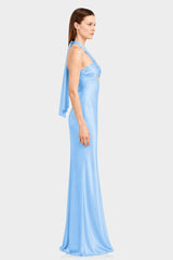 Luxury Sky Blue Satin Bridesmaid Maxi Dress with Twist Halter Neckline