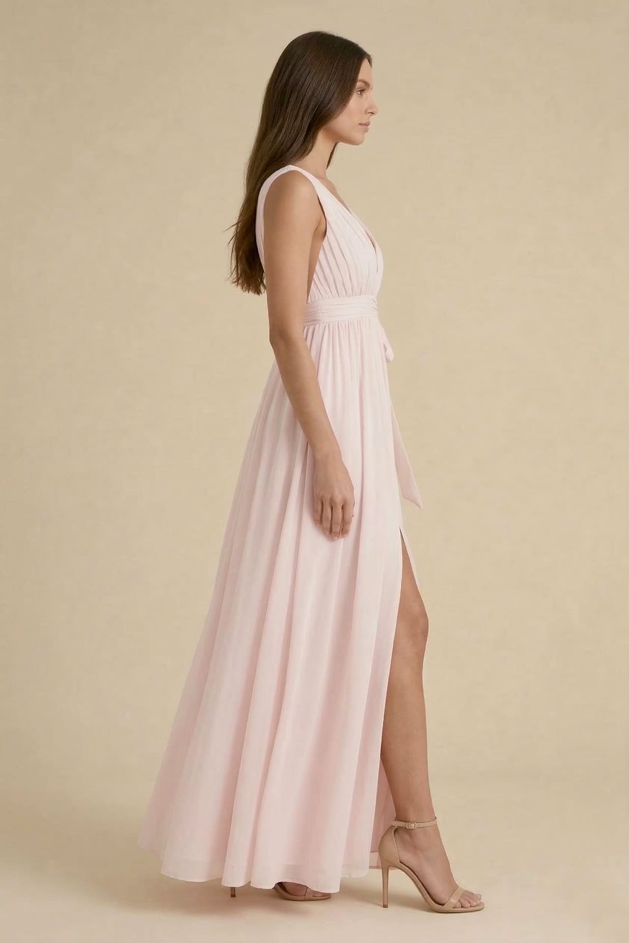 Blushing Pink V-Neck Bridesmaid Dress – Elegant Wedding Maxi Gown