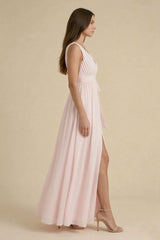 Blushing Pink V-Neck Bridesmaid Dress – Elegant Wedding Maxi Gown