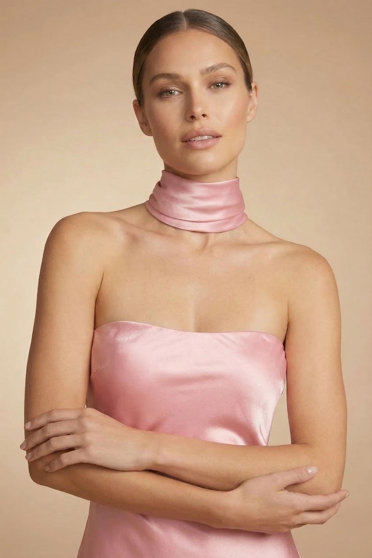 Blush Pink Satin Strapless Dress for Wedding Guest