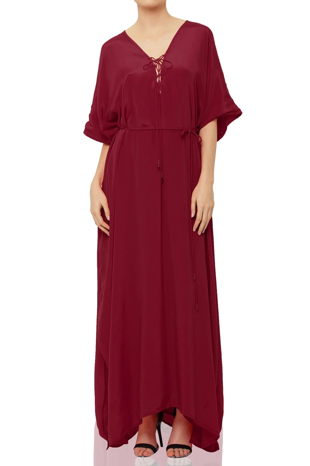 Burgundy Viscose Silk Convertible Maxi Kaftan Dress for Plus size women