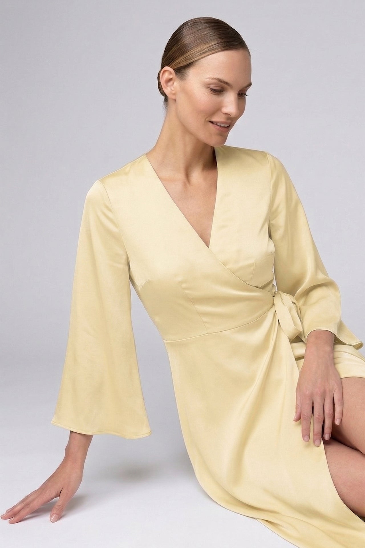 Champagne Satin Wrap Bridesmaid Maxi Dress with Slit – Long Sleeve