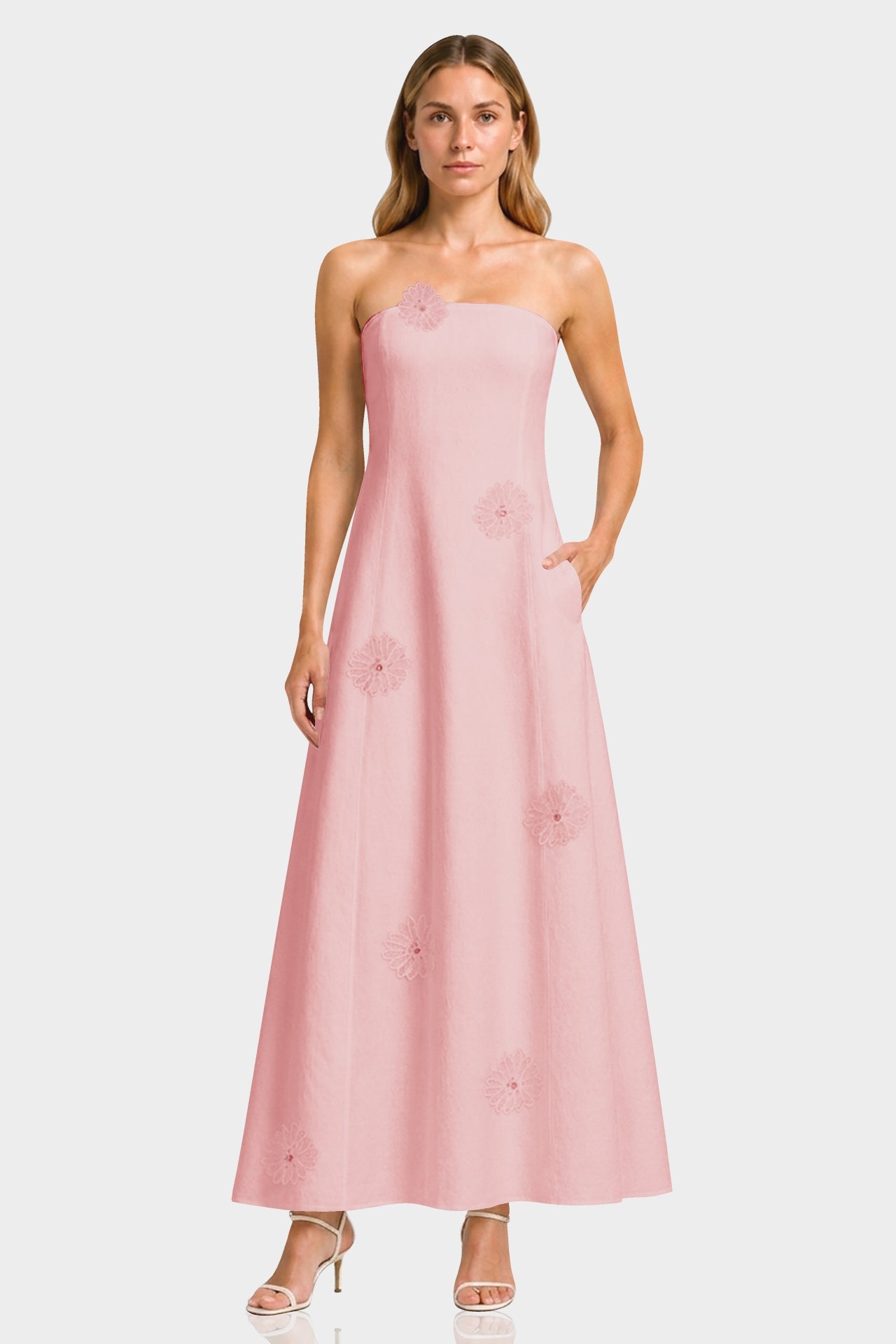 Blush Pink Strapless Maxi Dress with 3D Floral Appliqué