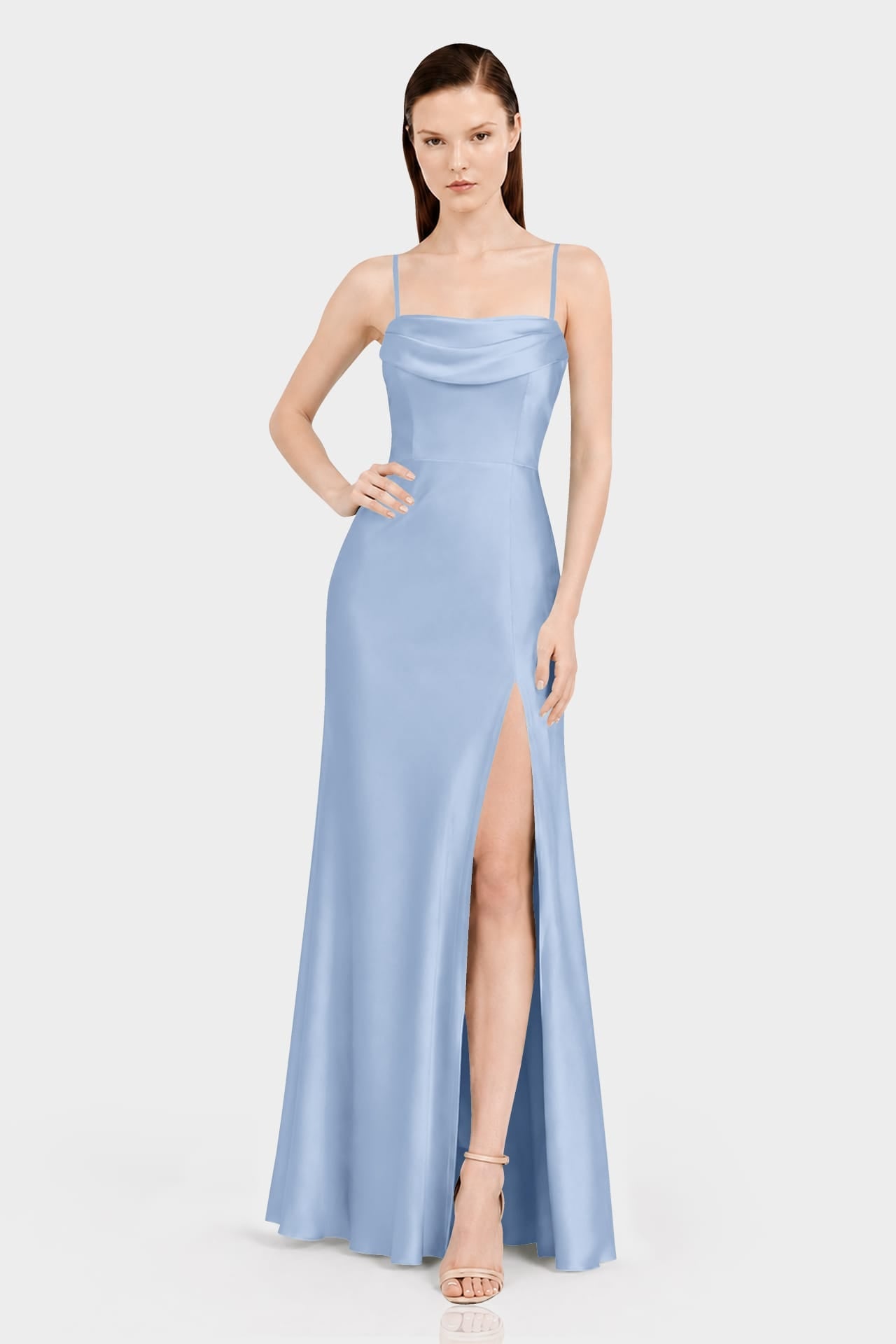 Convertible Off Shoulder Steel Blue Bridesmaid Maxi Dress – Resort Wedding Dress