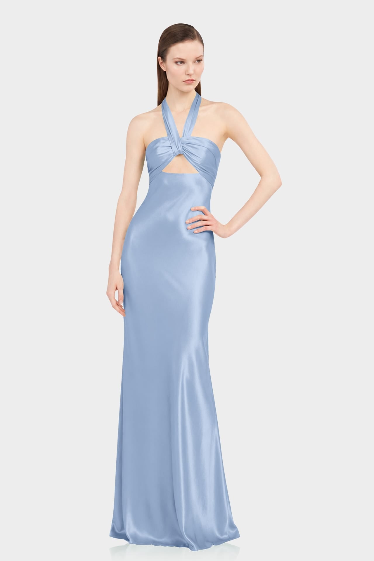 Luxury Steel Blue Satin Bridesmaid Maxi Dress with Twist Halter Neckline