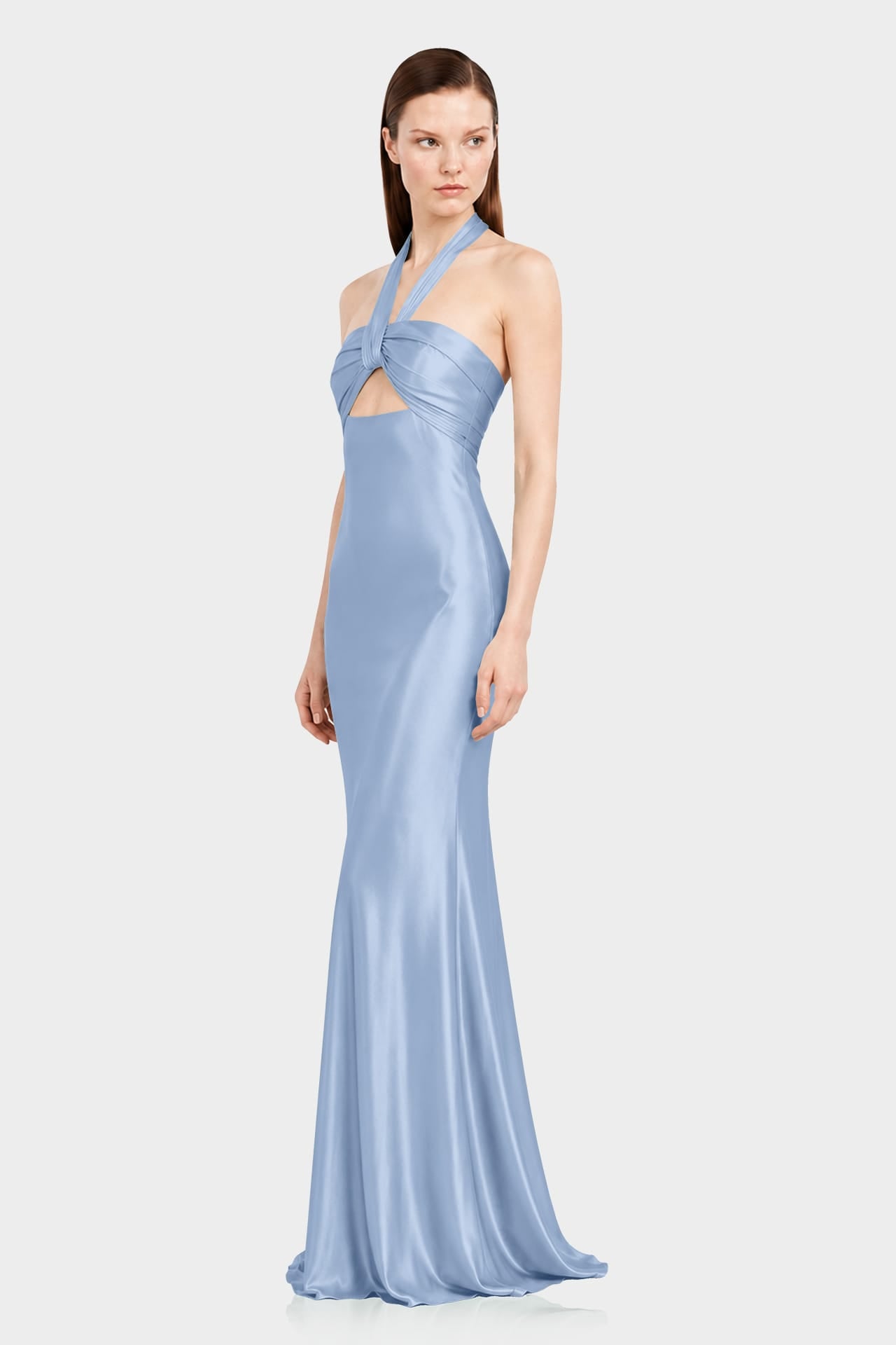 Luxury Steel Blue Satin Bridesmaid Maxi Dress with Twist Halter Neckline