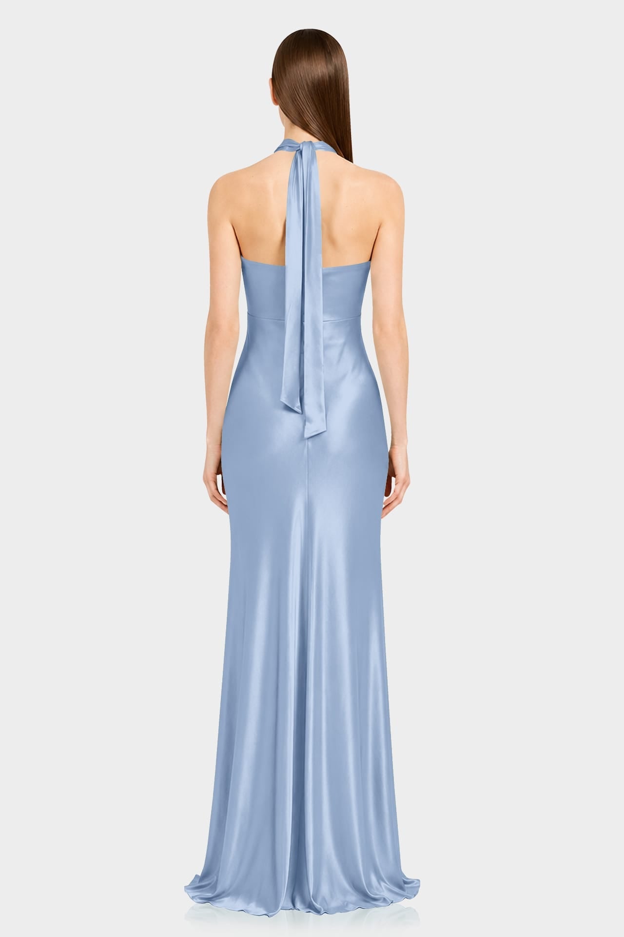 Luxury Steel Blue Satin Bridesmaid Maxi Dress with Twist Halter Neckline