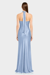 Luxury Steel Blue Satin Bridesmaid Maxi Dress with Twist Halter Neckline