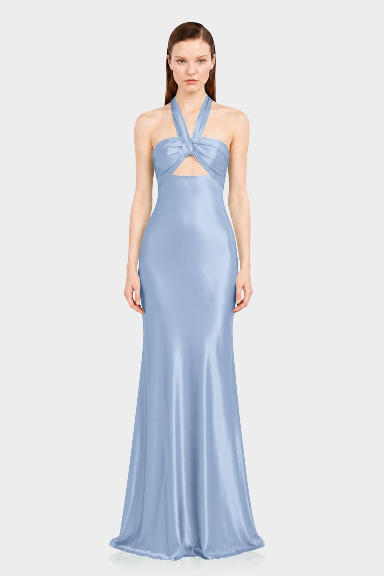 Luxury Steel Blue Satin Bridesmaid Maxi Dress with Twist Halter Neckline