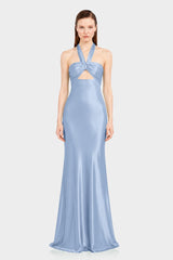 Luxury Steel Blue Satin Bridesmaid Maxi Dress with Twist Halter Neckline