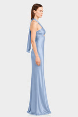 Luxury Steel Blue Satin Bridesmaid Maxi Dress with Twist Halter Neckline