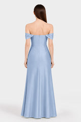 Convertible Off Shoulder Steel Blue Bridesmaid Maxi Dress – Resort Wedding Dress