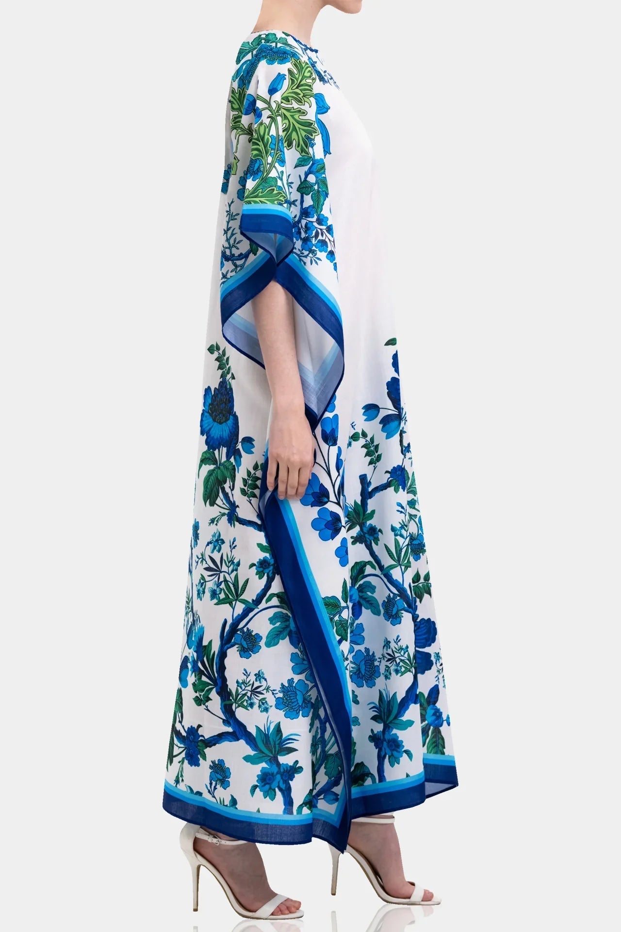 White Botanical Print Kaftan Maxi Dress with Blue Border Detail
