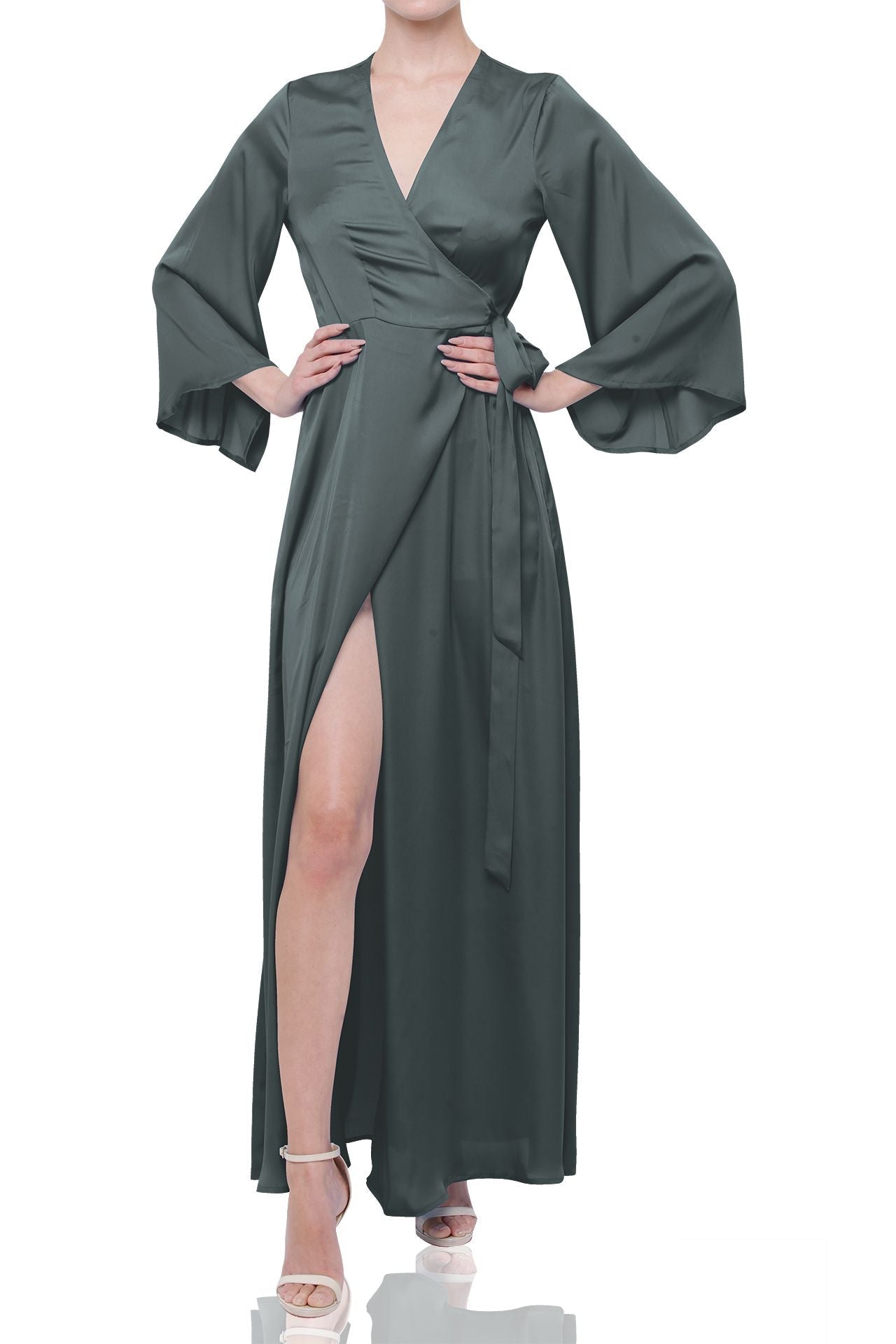 Dark Sage Long Sleeve Lightweight Wrap Dress for Tropical Travel