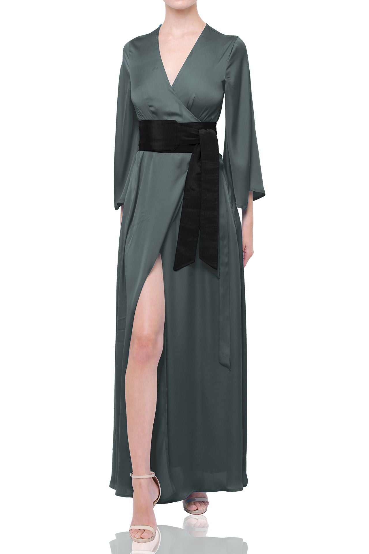 Dark Sage Long Sleeve Lightweight Wrap Dress for Tropical Travel