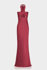 Designer Burgundy Matte Satin Maxi Dress with Halter Neck & Front Cut Out - Bridesmaid Dress