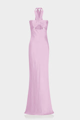 Designer Candy Pink Formal Ruched Halter Satin Maxi Dress