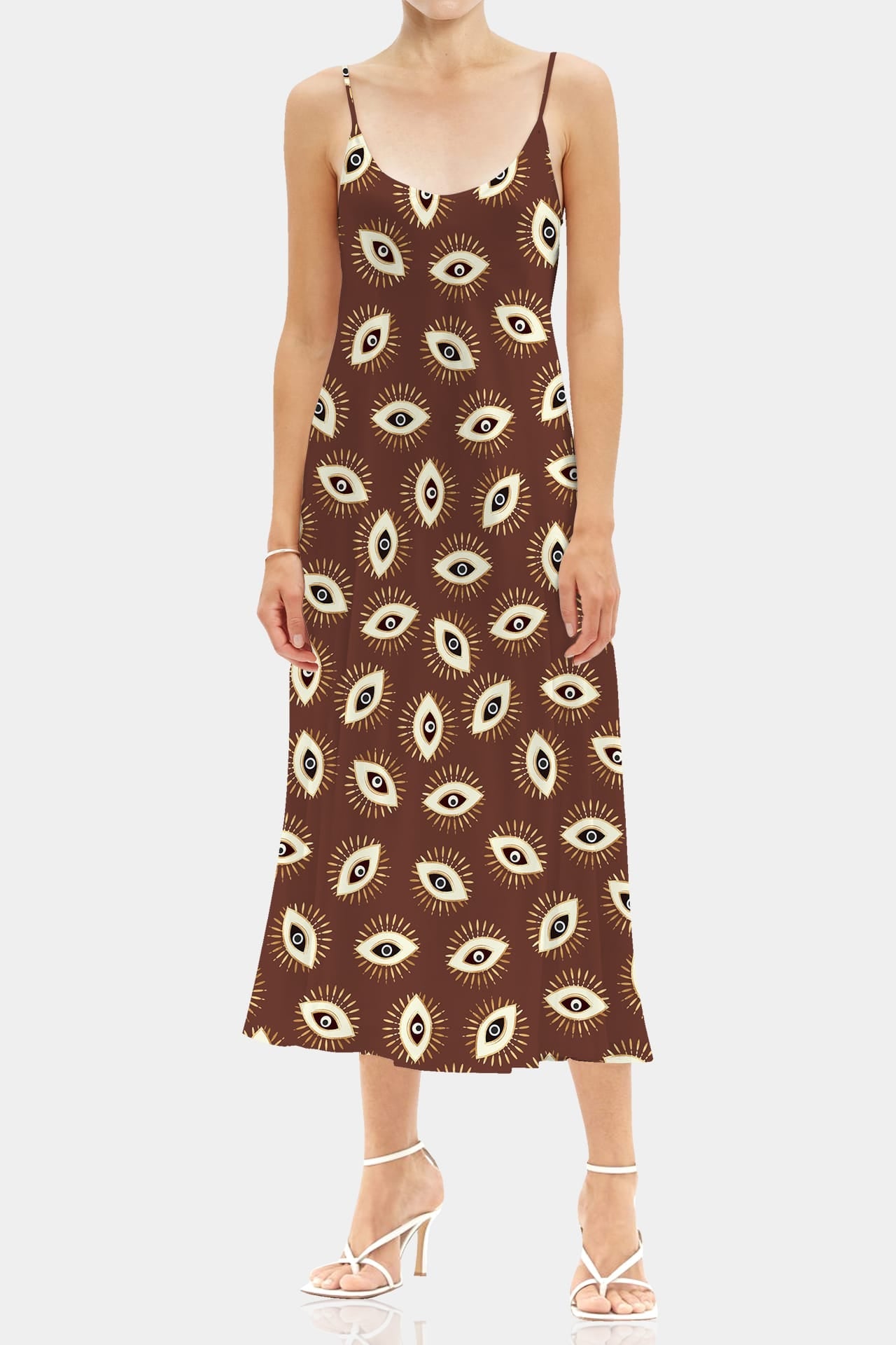 Brown Evil Eye Slip Dress in Midi Length