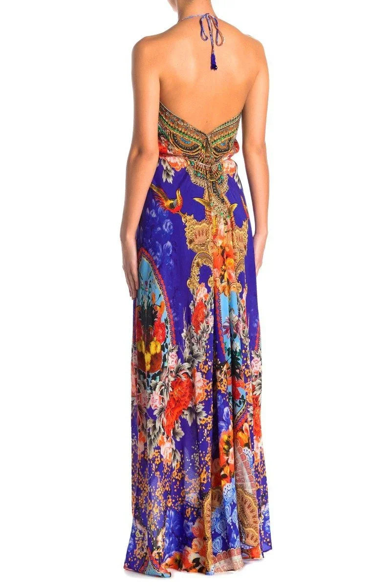 Bohemian Blue Floral Print Scarf Maxi Dress