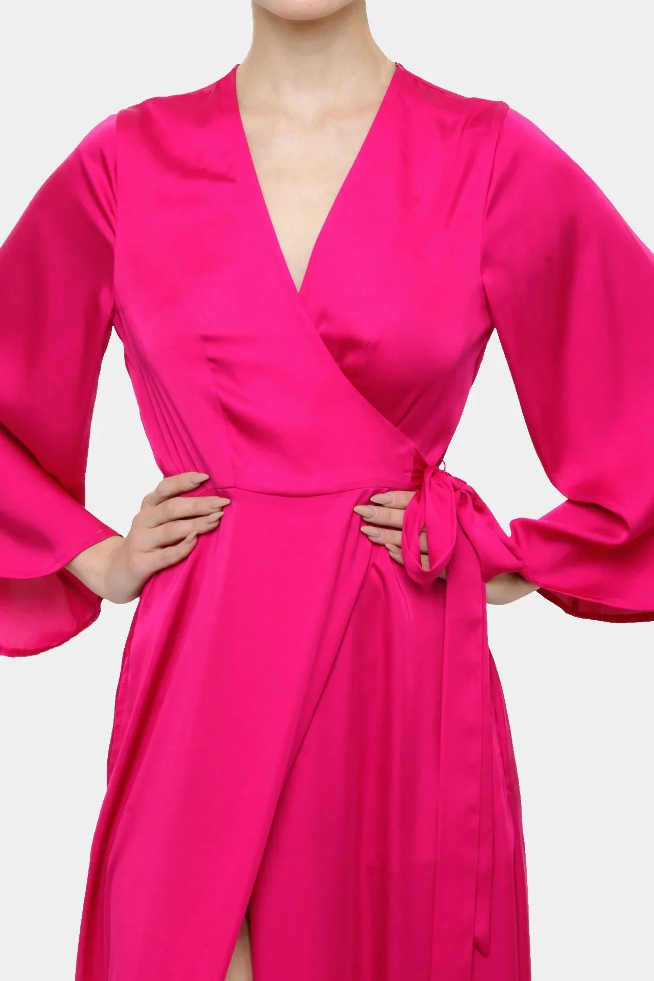 Candy Pink Wrap Maxi Dress with High Slit for Bridesmaid