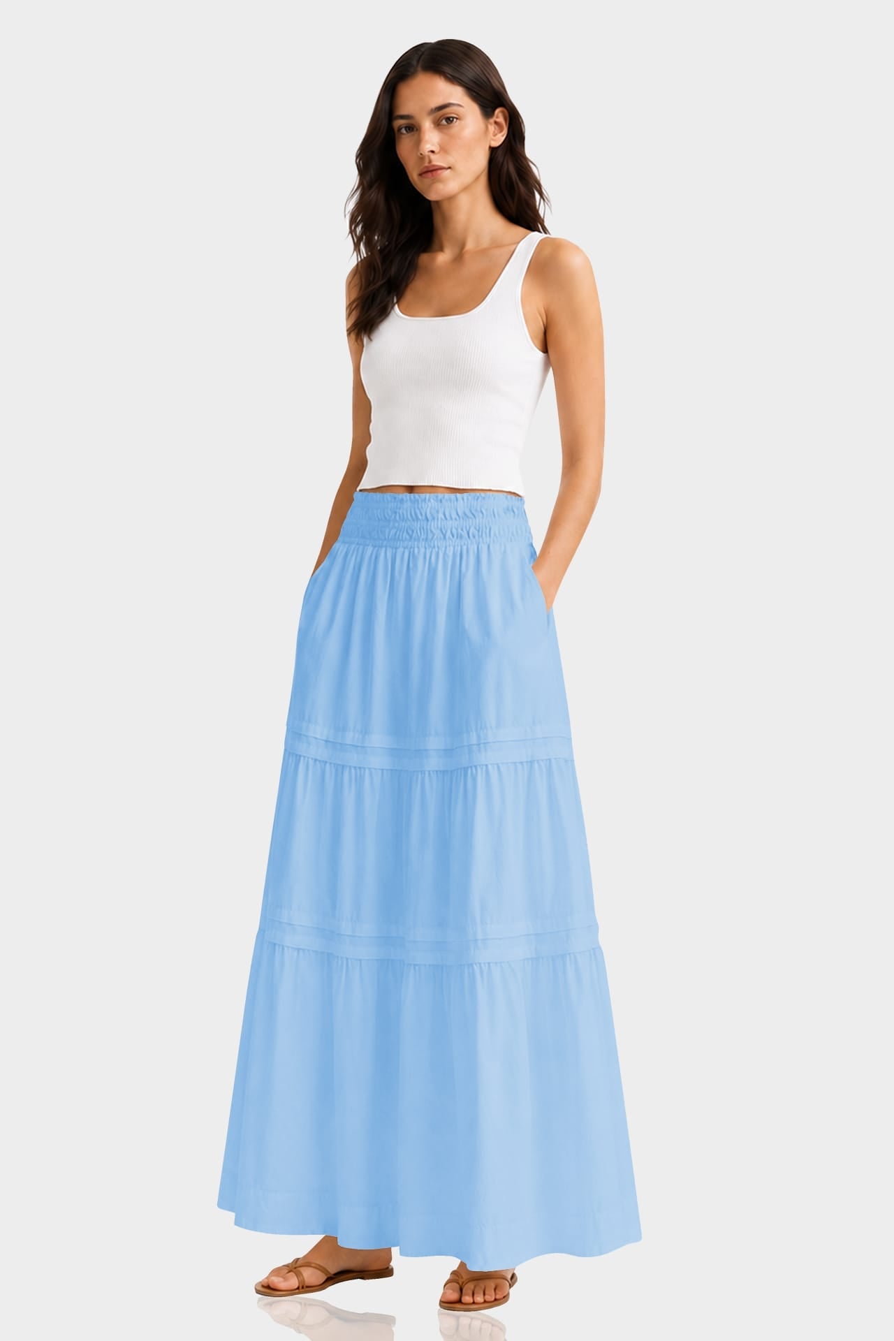 Sky Blue Luxury Cotton Tiered Maxi Skirt
