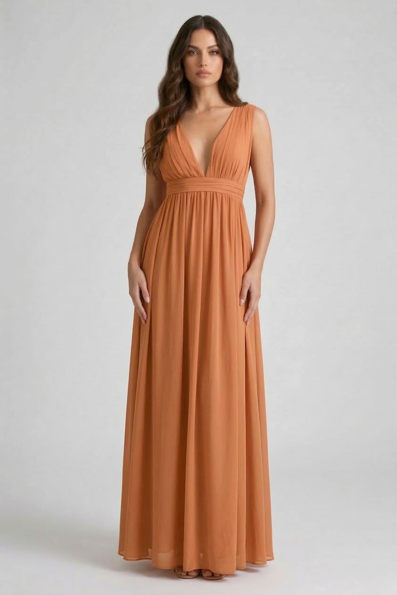 Cinnamon Heaven V-Neck Bridesmaid Dress – Warm Rustic Maxi Gown