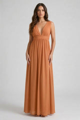 Cinnamon Heaven V-Neck Bridesmaid Dress – Warm Rustic Maxi Gown