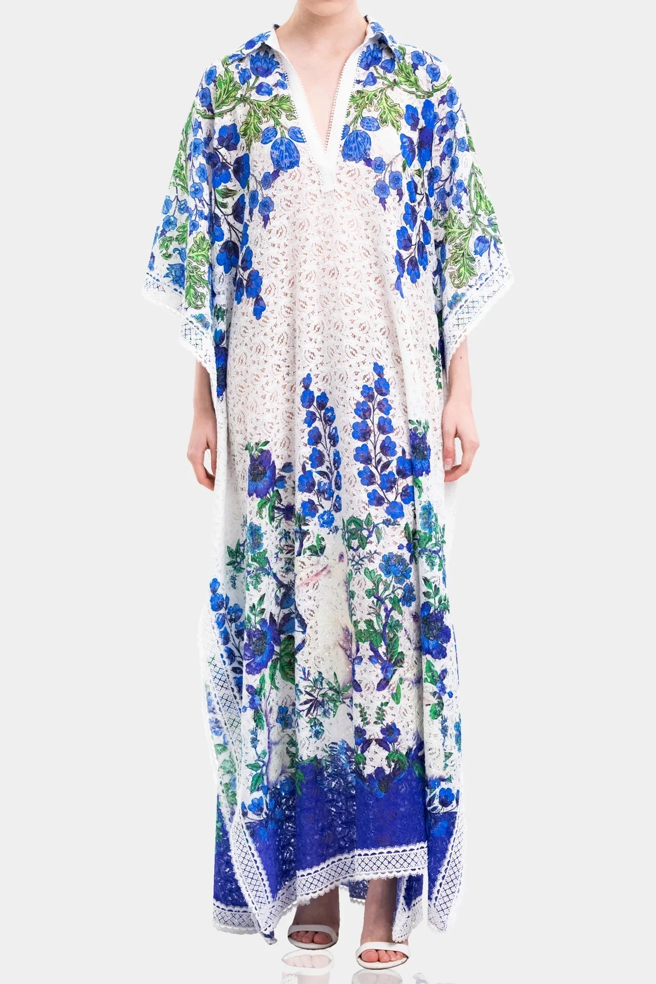 White Lace Kaftan Maxi Dress with Blue floral Print