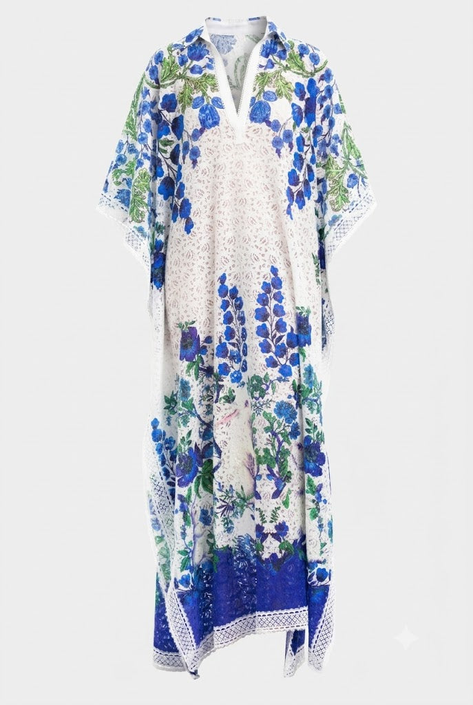 White Lace Kaftan Maxi Dress with Blue floral Print