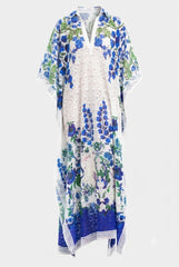 White Lace Kaftan Maxi Dress with Blue floral Print