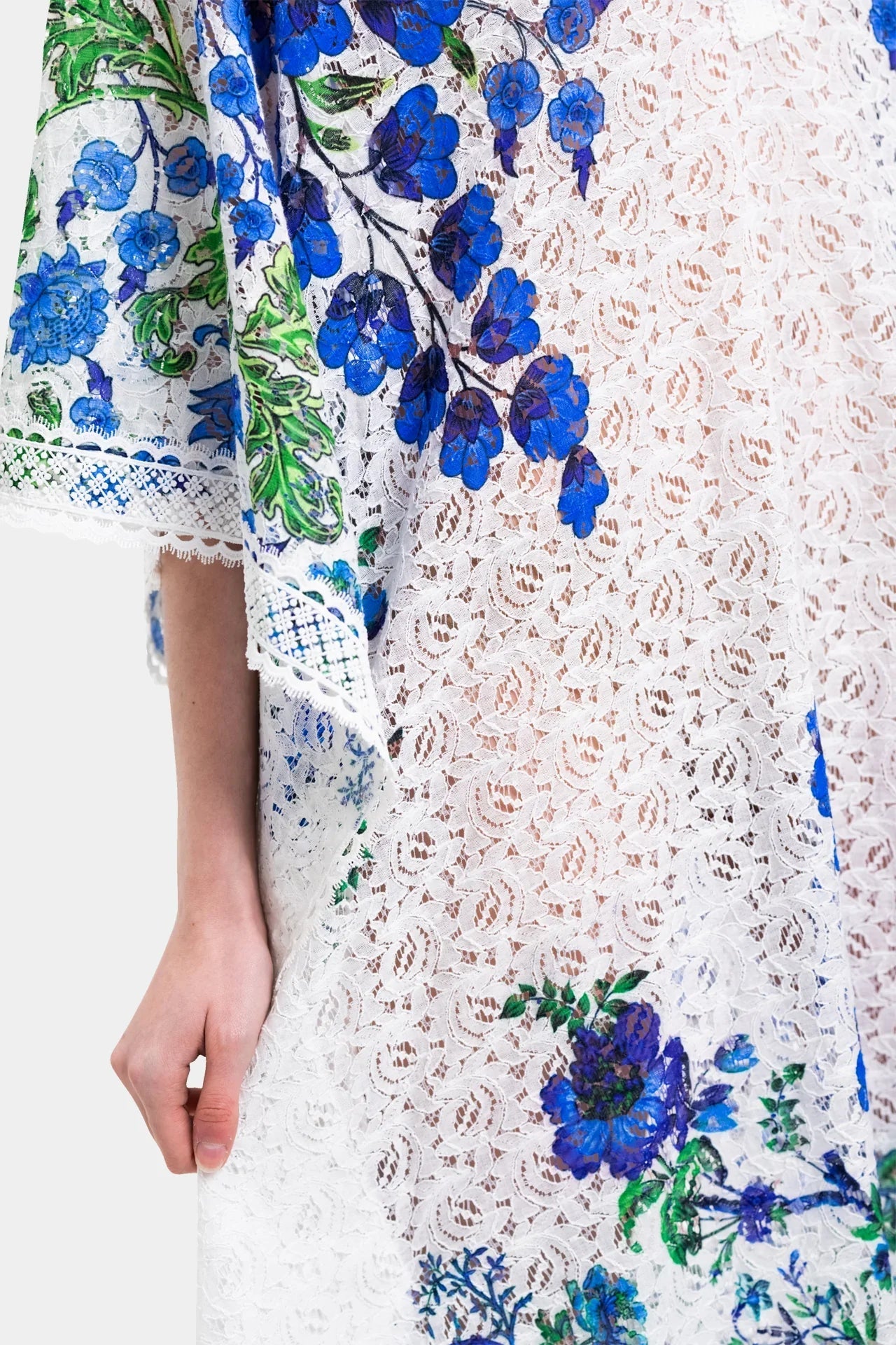 White Lace Kaftan Maxi Dress with Blue floral Print