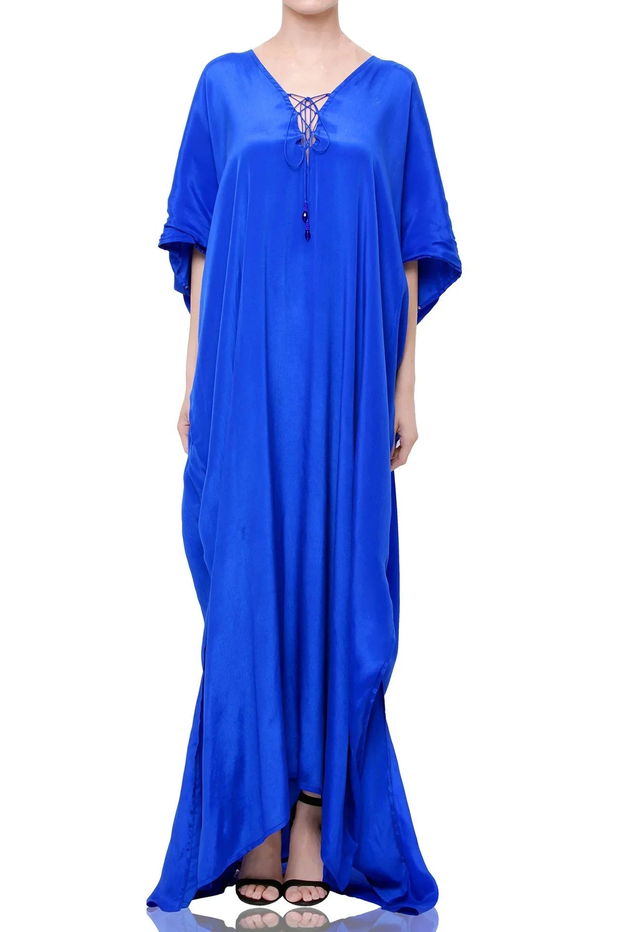 Cobalt Blue Lace-Up V-Neck Kaftan Maxi Dress