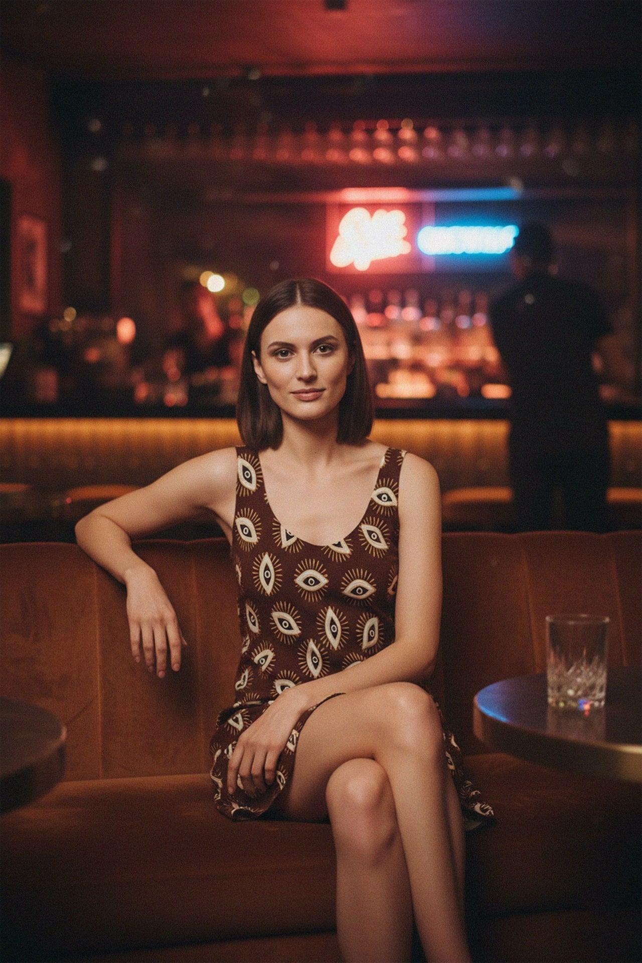 Brown Eye-Print Mini Dress
