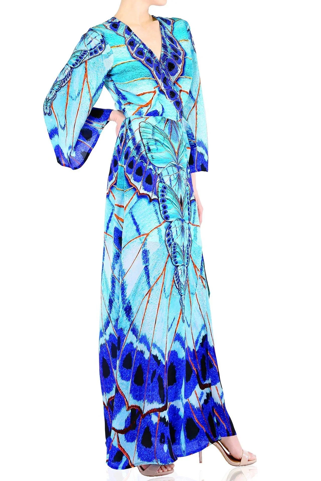 Blue Wrap Maxi Dress with Long Sleeves