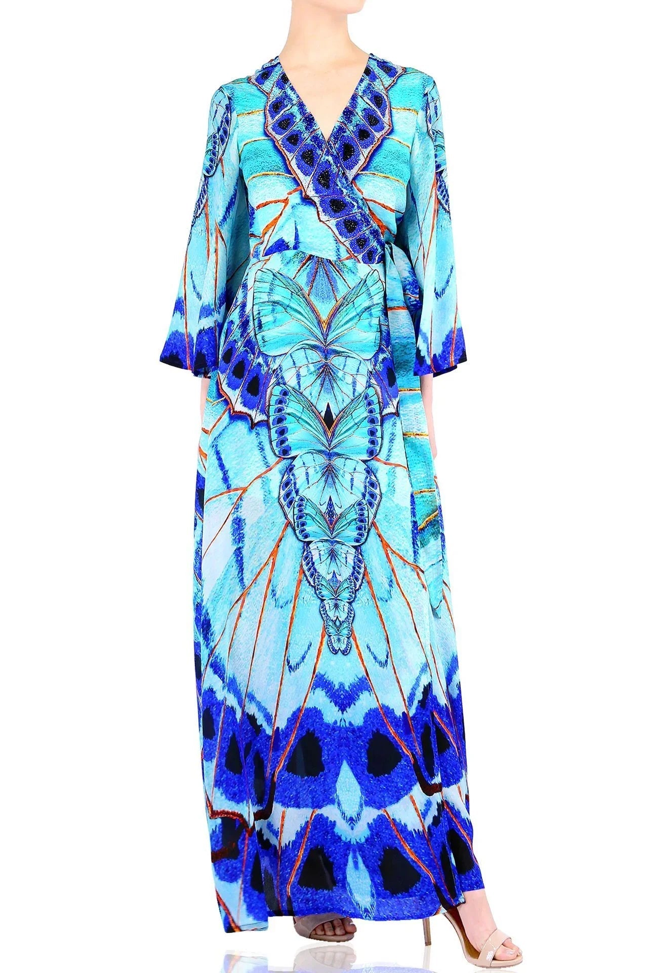 Blue Wrap Maxi Dress with Long Sleeves